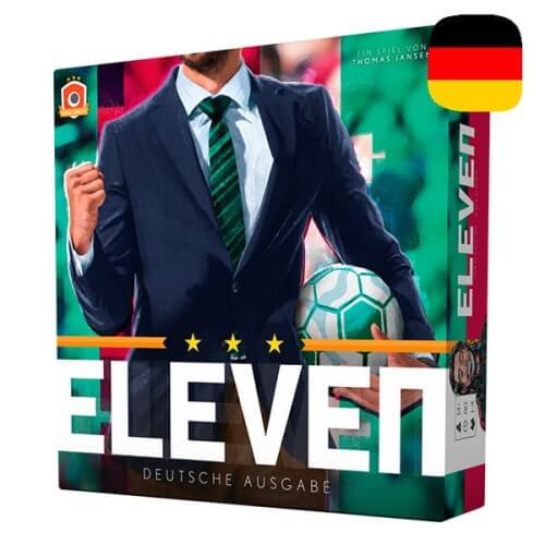 ELEVEN Football Manager Board Game - Deutsch Edition, featuring a suit-clad team manager and soccer ball.