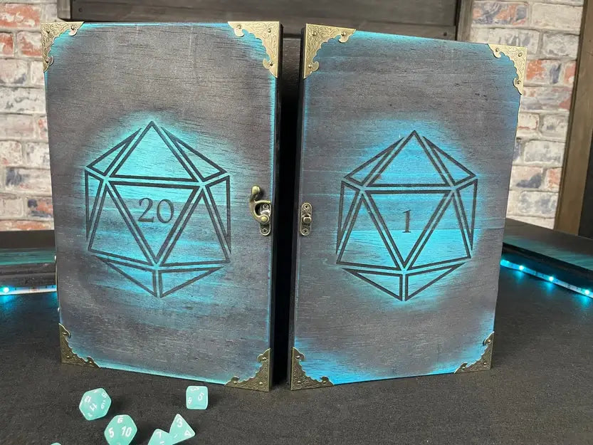 Dungeon Master screen with D20 engravings and blue accents, ideal for RPG gaming.