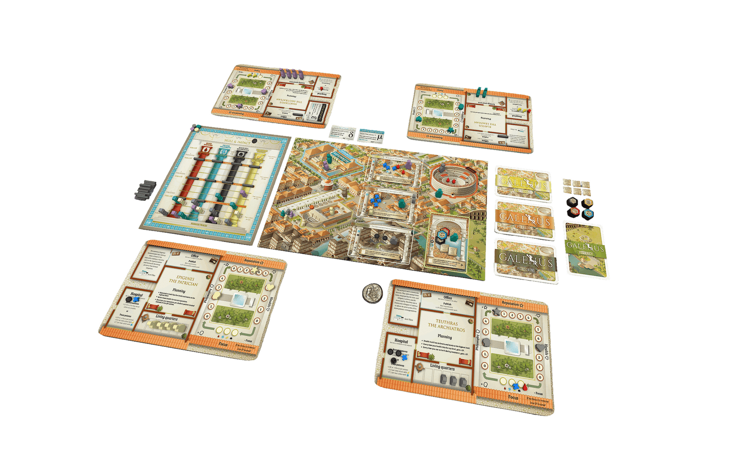 Game board layout of GALENUS – Strategiespiel im antiken Rom showcasing components and gameplay elements.