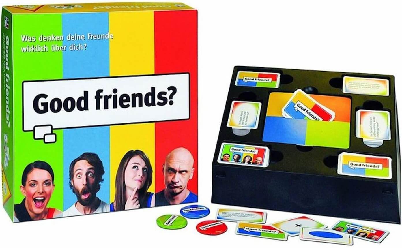 Brettspiel "Good Friends?" von Piatnik, Box und Spielkarten für unterhaltsame Fragen über Freundschaften.