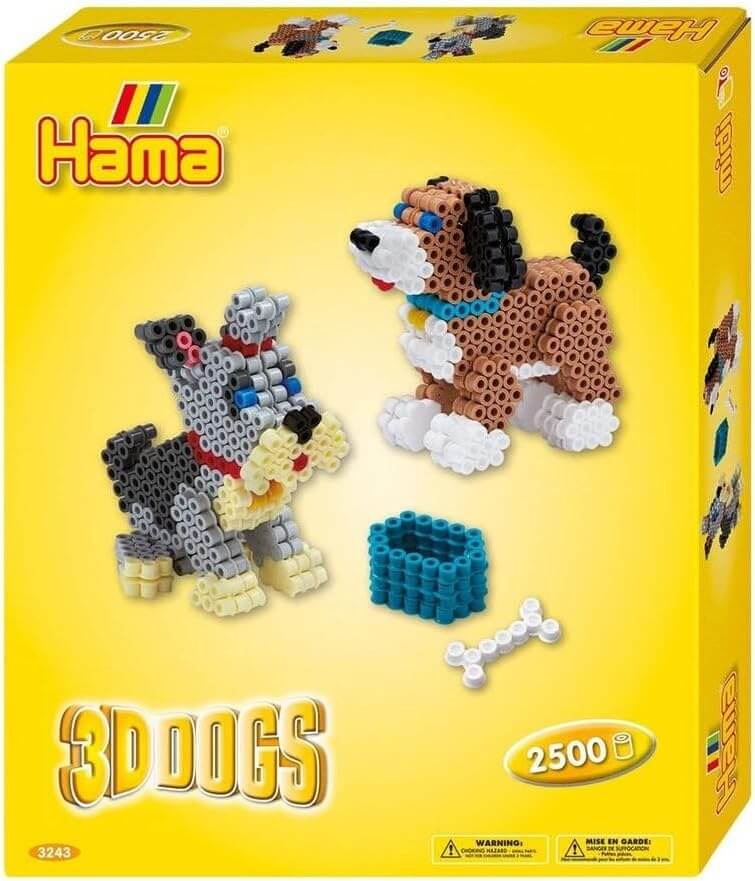 3D Dog Iron Bead Set featuring two colorful Hama dog figures, a dog bowl, and a bone on a bright yellow background.