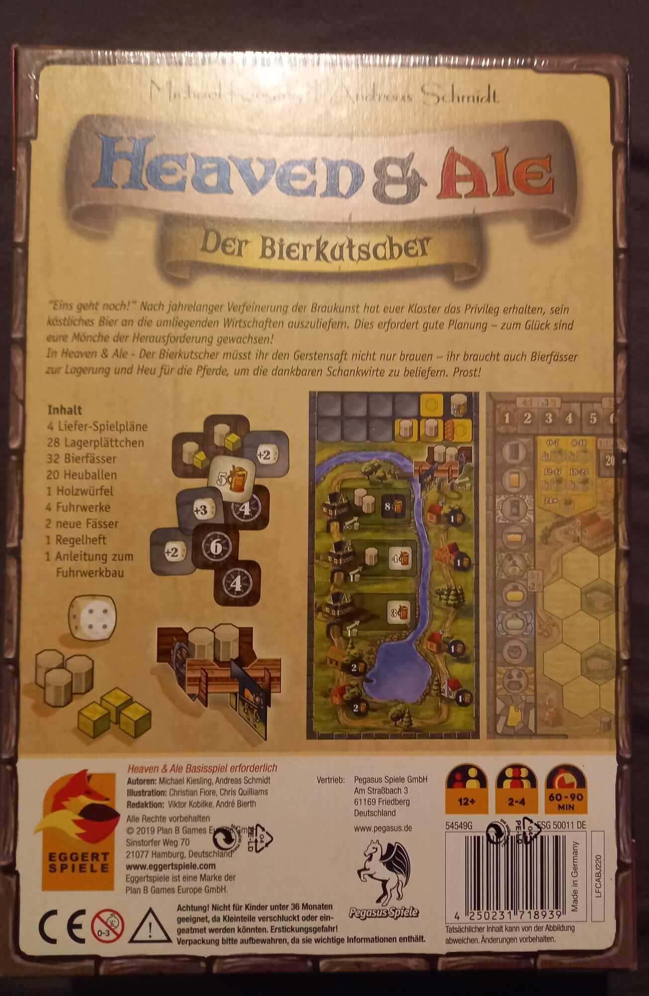 Back cover of Heaven & Ale: Der Bierkutscher game showing components and gameplay elements.