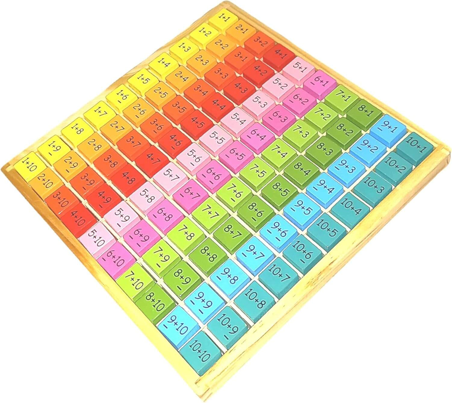 Colorful wooden addition board with vibrant blocks displaying addition problems for fun math learning.