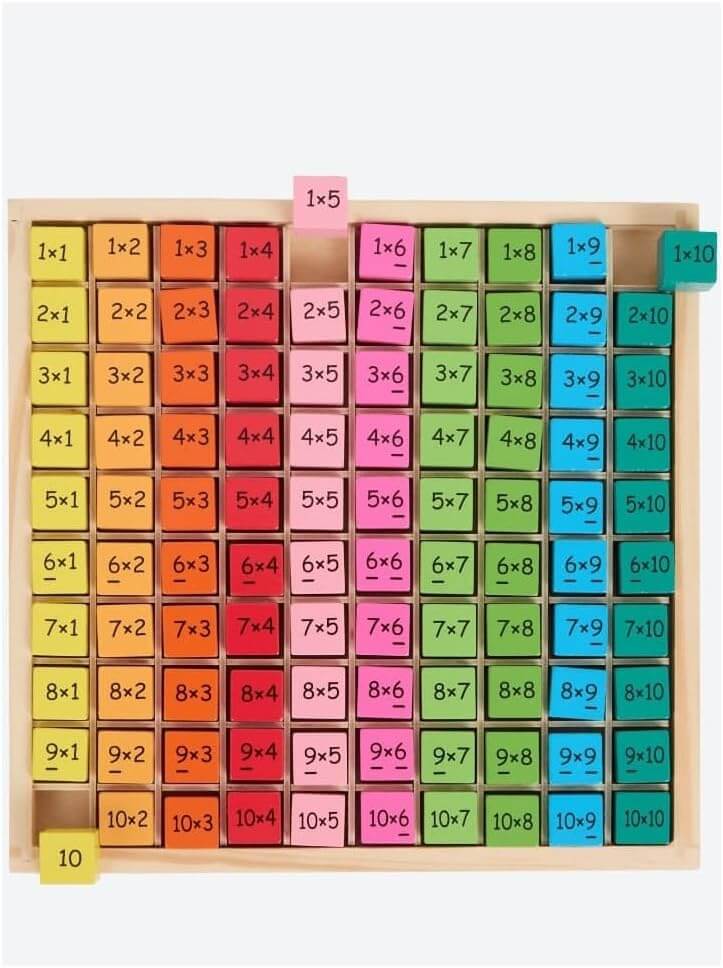 Vibrant wooden multiplication board with colorful blocks for interactive math learning for kids.