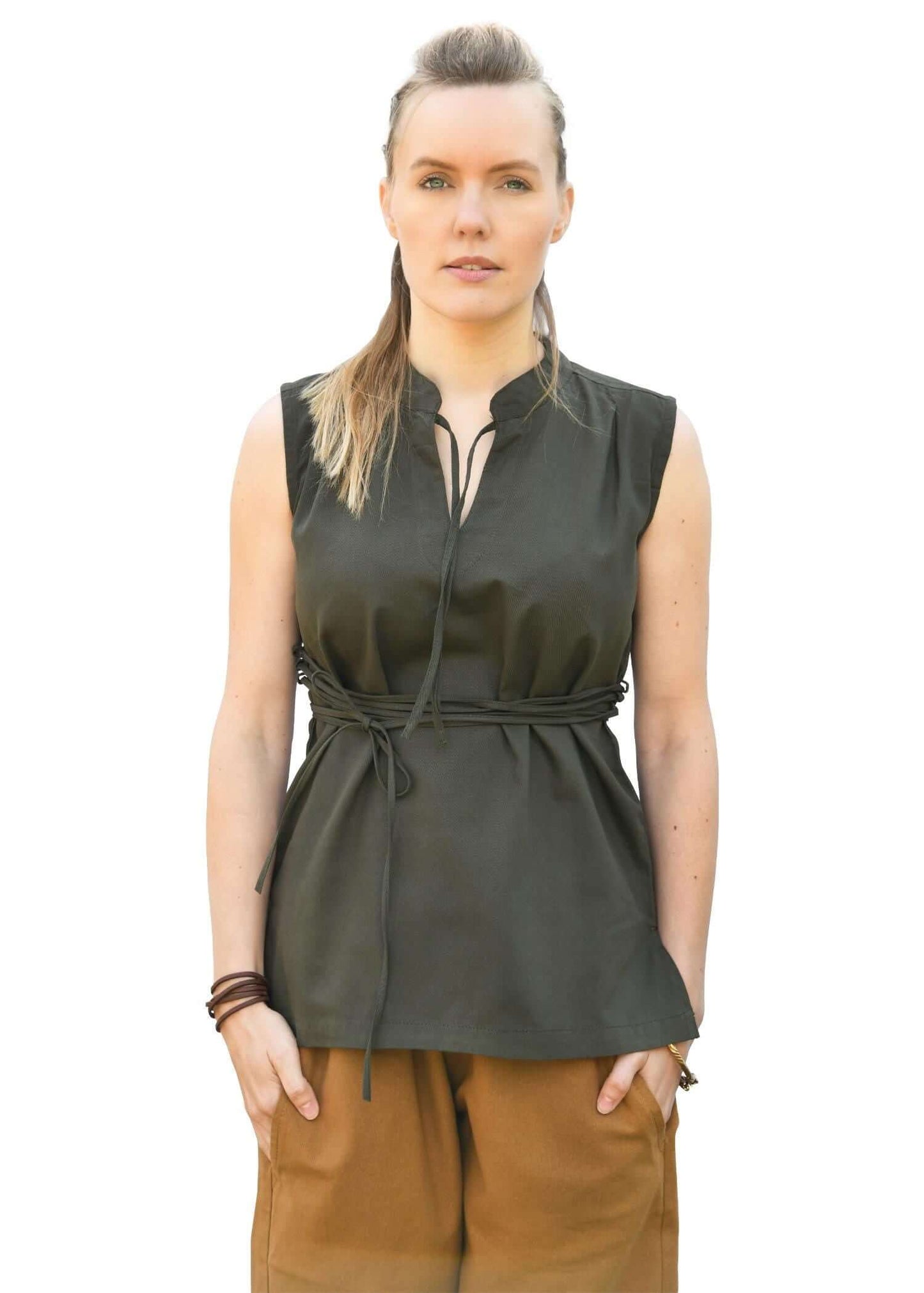 MEDIEVAL LARP BLOUSE FOR HISTORICAL REENACTMENTS, SLEEVELESS, OLIVE GREEN - Game On Board