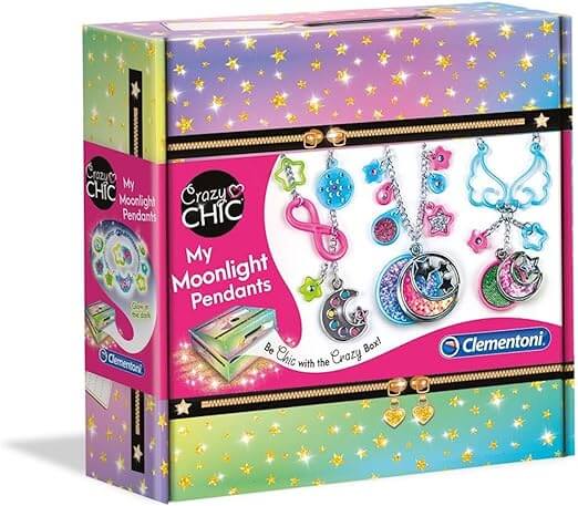 Crazy Chic My Moon Pendants set featuring glowing moon and star pendants, aluminum chains, and colorful accessories.
