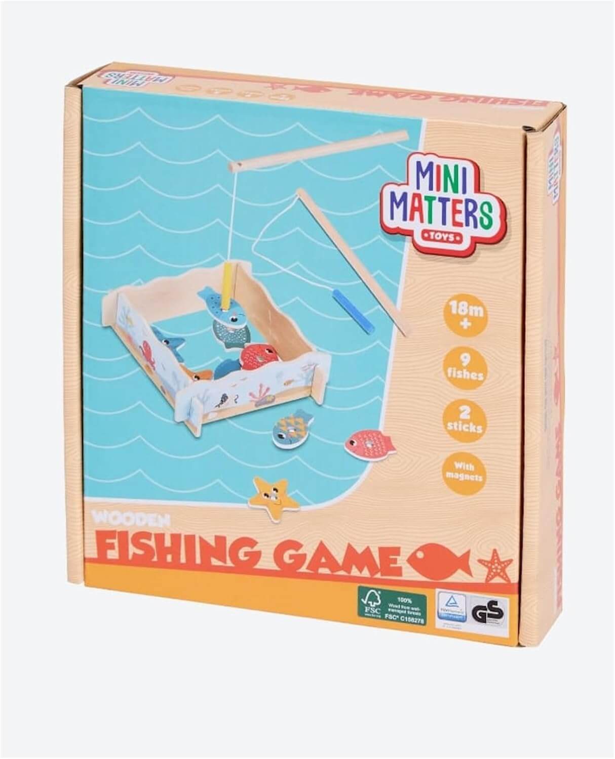 Wooden magnetic fishing game for kids featuring colorful fish and rods, promoting learning and motor skills.