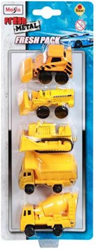 Fresh Metal model cars set featuring 5 yellow construction vehicles, perfect for kids ages 3 and up.