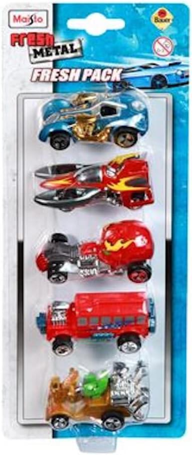 Maisto Fresh Metal model cars set of 5, featuring colorful vehicles like sports cars and emergency vehicles, each 7.5 cm.
