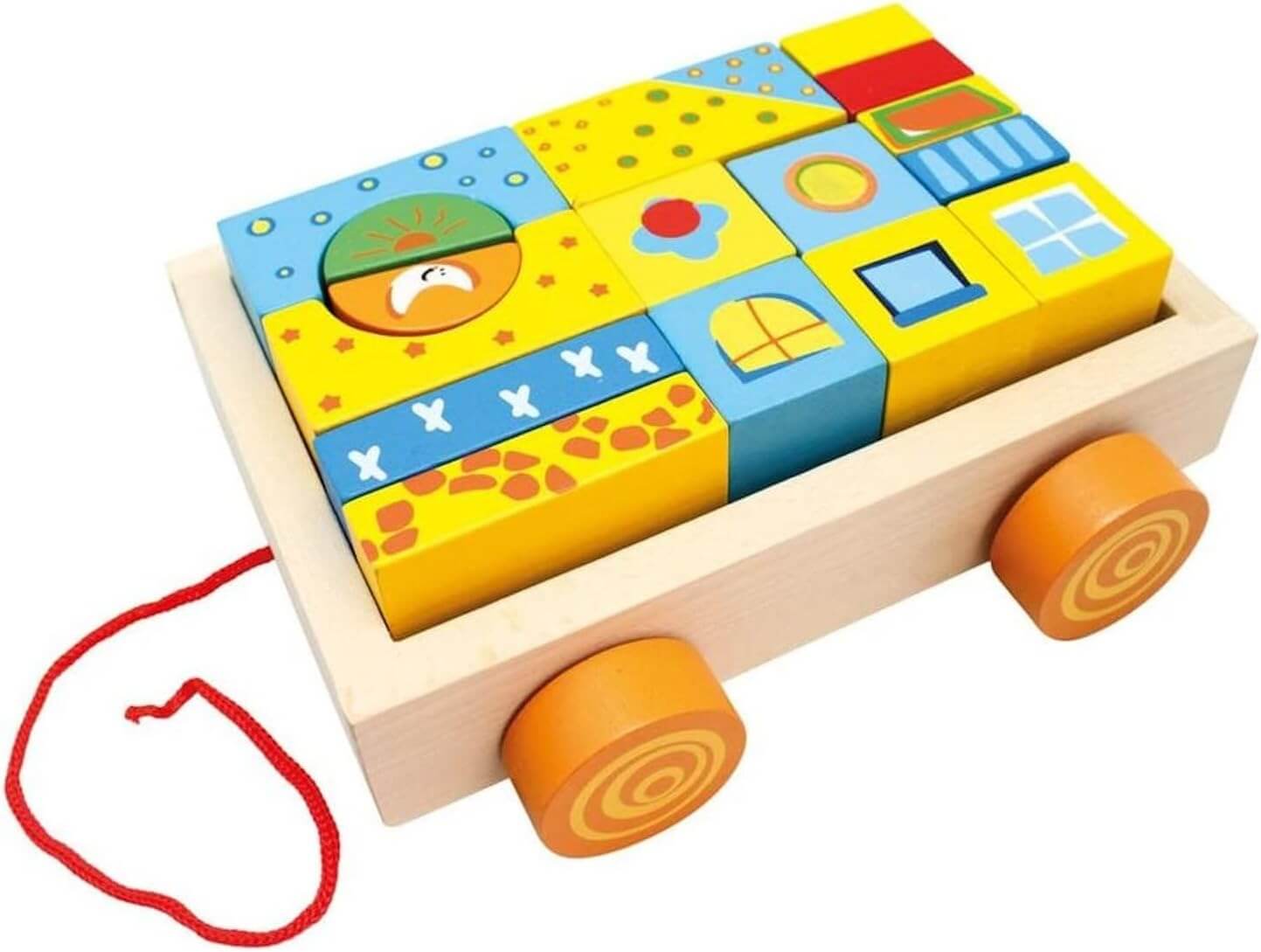 Sliding cart toy with 19 colorful wooden blocks, perfect for kids' motor skills and creativity development.