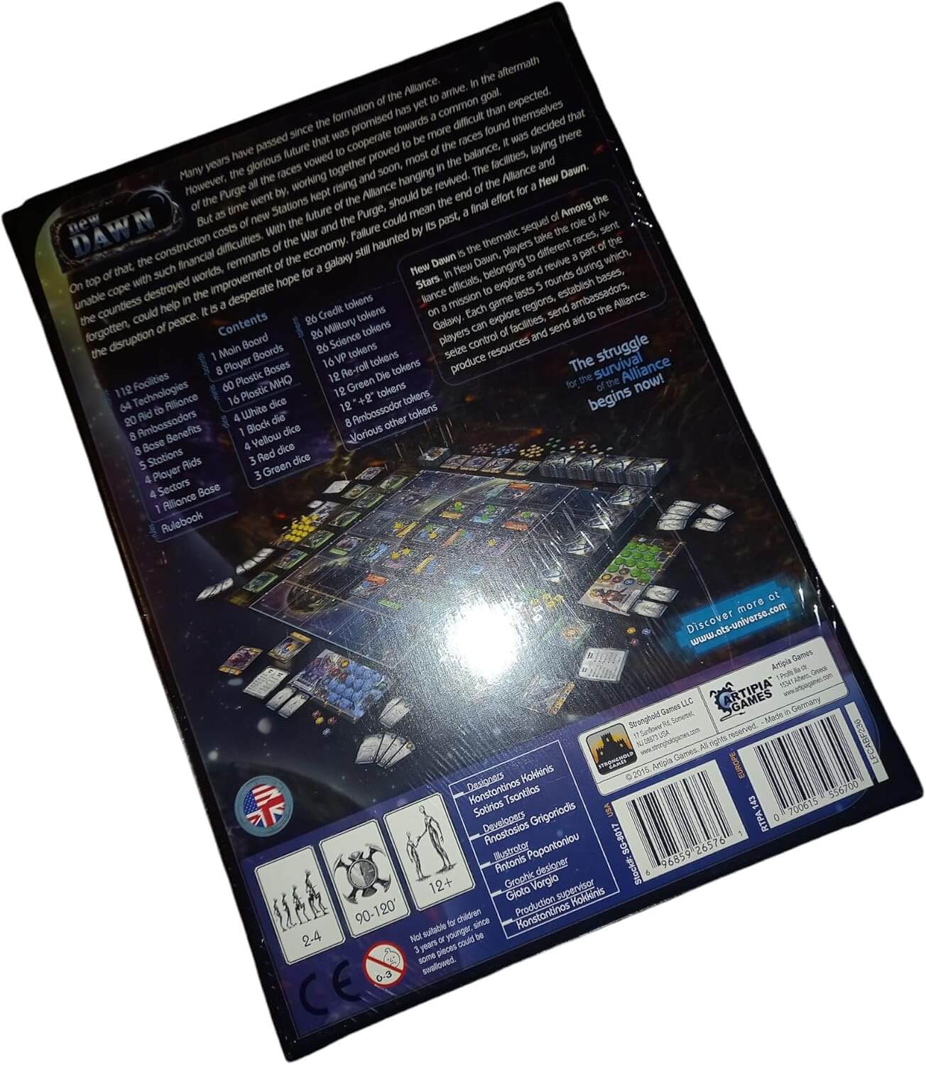 Back cover of New Dawn board game showcasing gameplay and descriptions of cosmic strategy.