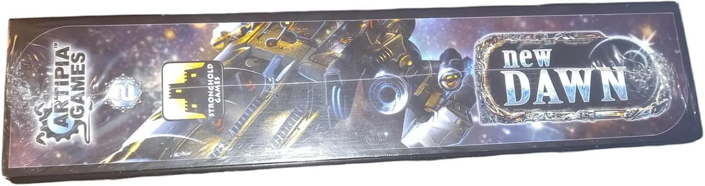 NEW DAWN board game box featuring cosmic art and title for a sci-fi strategy experience.