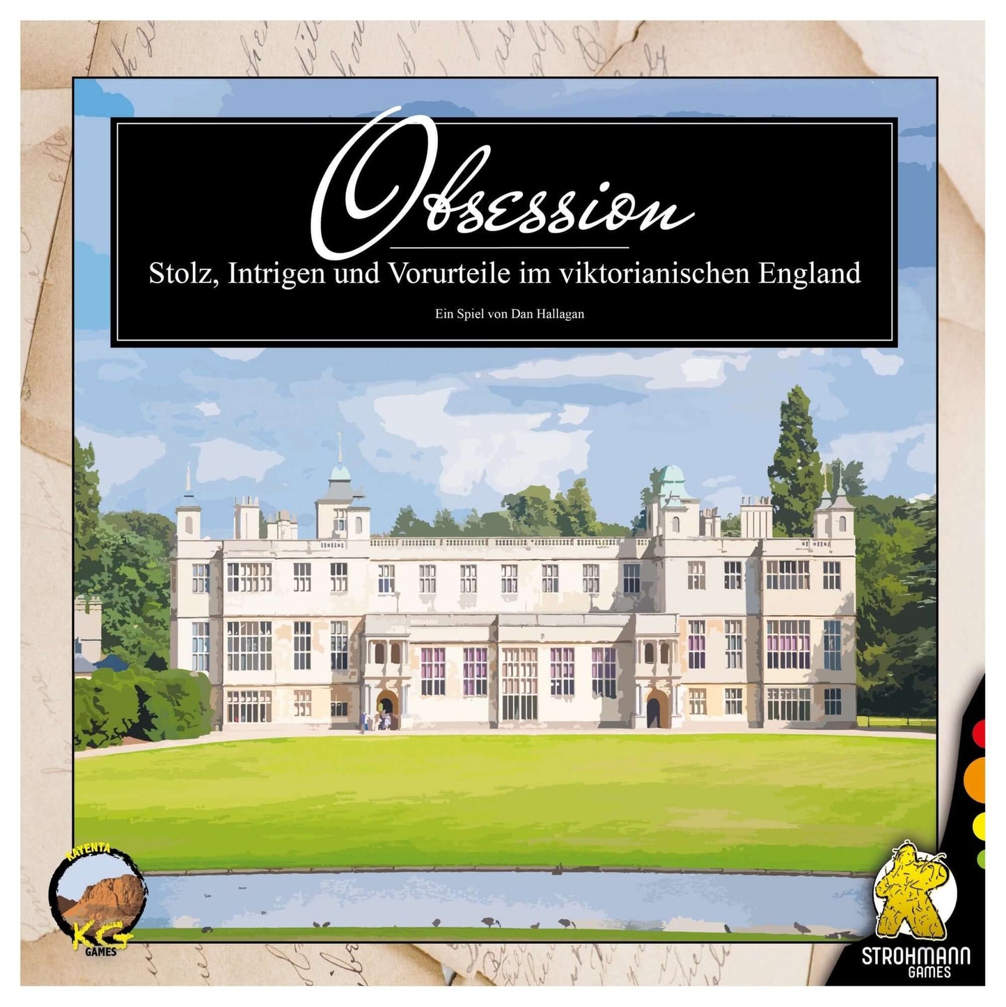 Cover art of the game 'Obsession', a Victorian strategy board game featuring an estate and lush landscape.