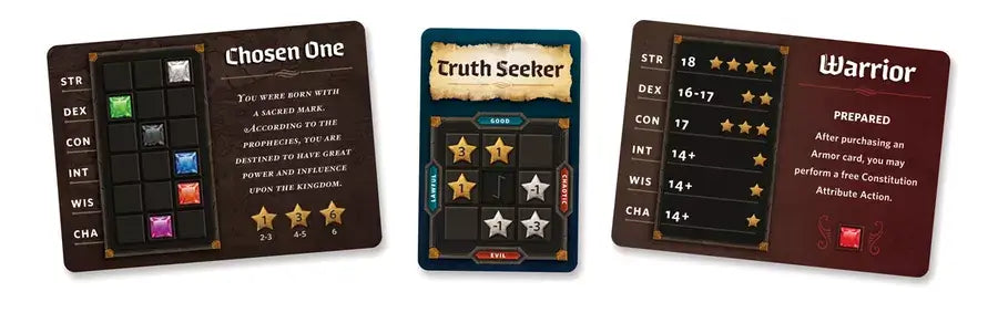 Roll Player character cards showcasing the Chosen One, Truth Seeker, and Warrior for strategic fantasy gameplay.