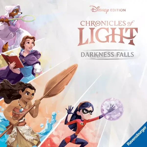 Chronicles of Light: Darkness Falls Disney game featuring Vaiana, Belle, Violet, and the good fairy for family fun.