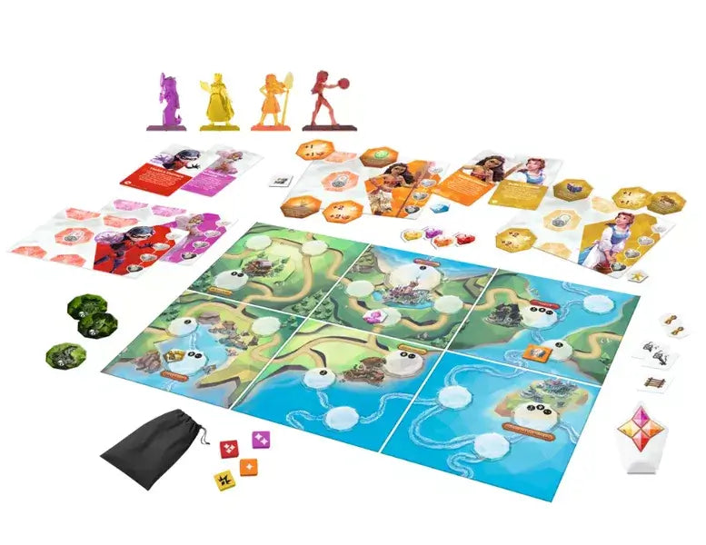 Chronicles of Light: Darkness Falls board game setup with characters and game pieces on a colorful game board.
