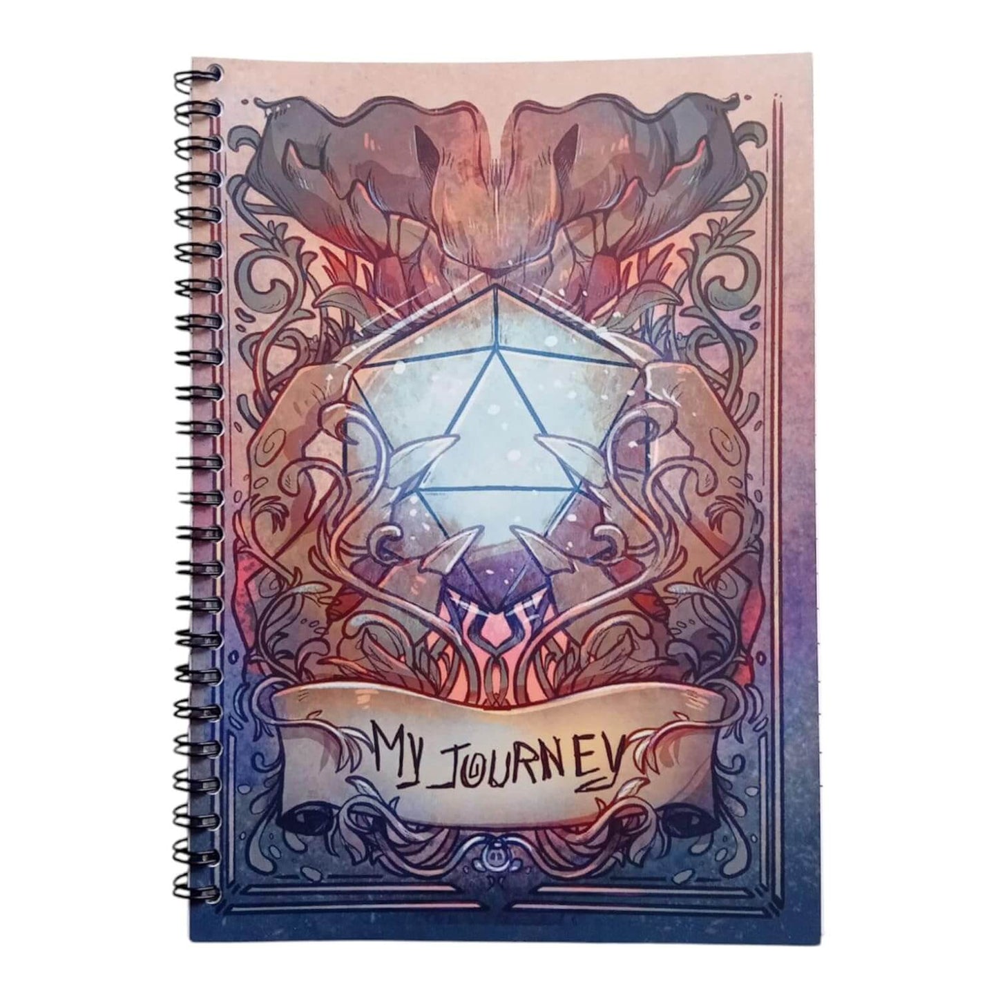 RPG notebook with mystical design featuring a crystal and the text 'My Journey' for fantasy adventures.