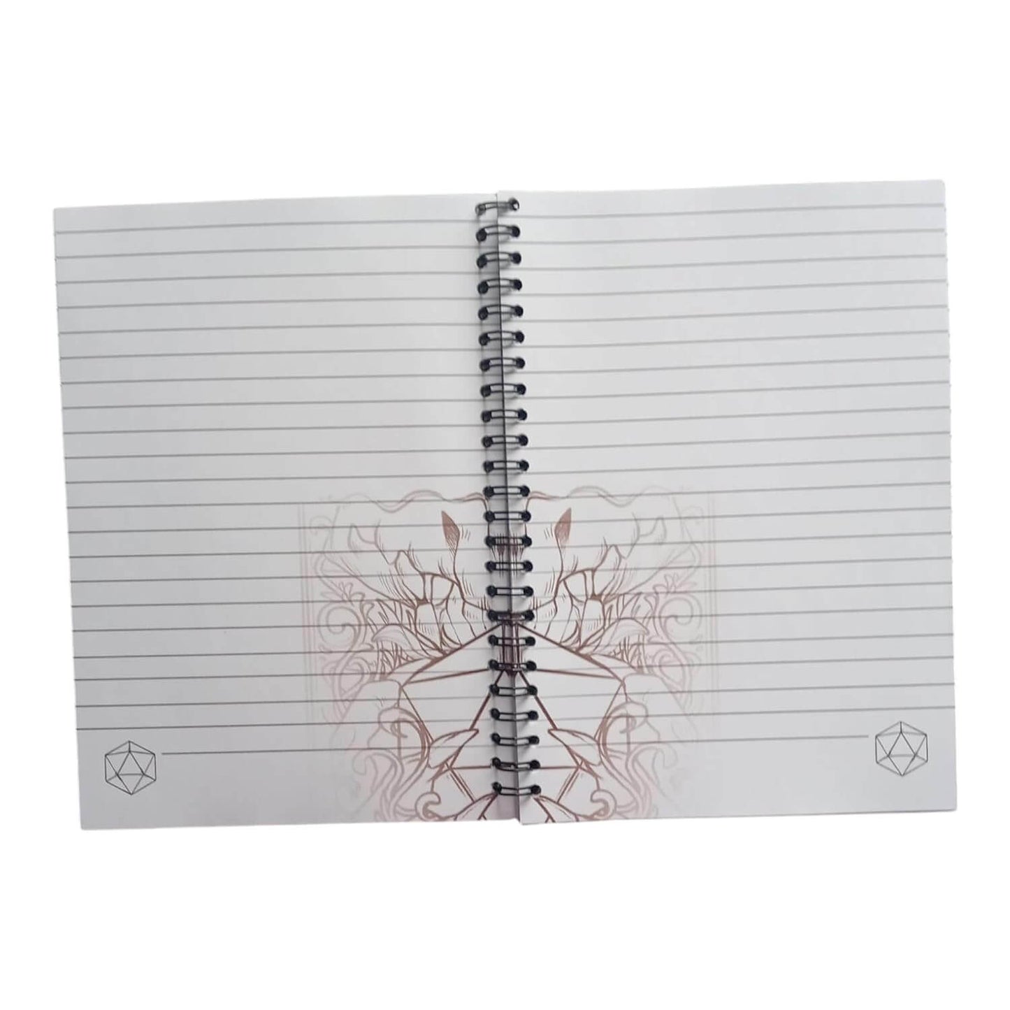 Spiral-bound RPG notebook interior with lined pages and mystical design for player notes and campaign logs.