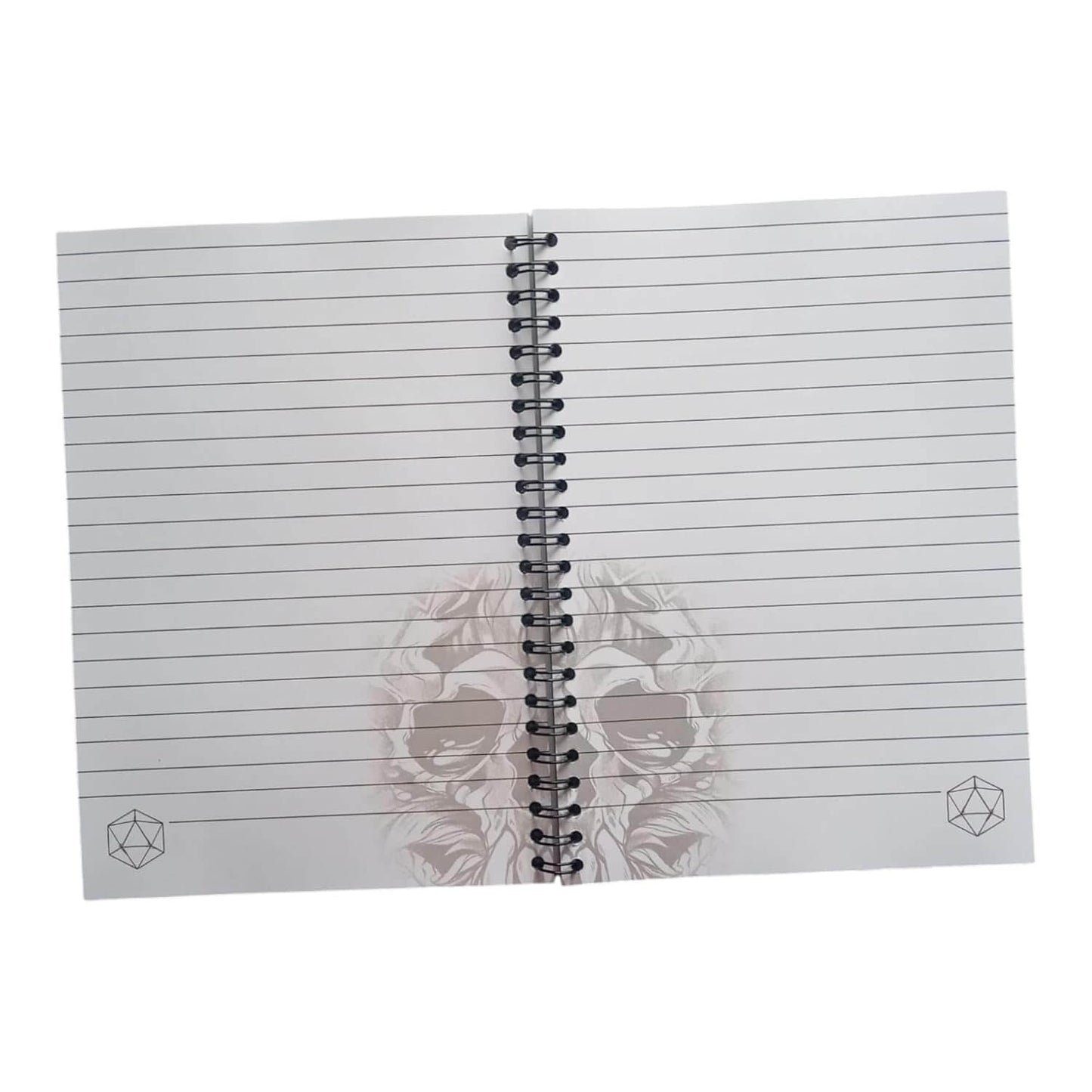 RPG notebook interior with lined pages and skull design, perfect for roleplayers and campaign notes.