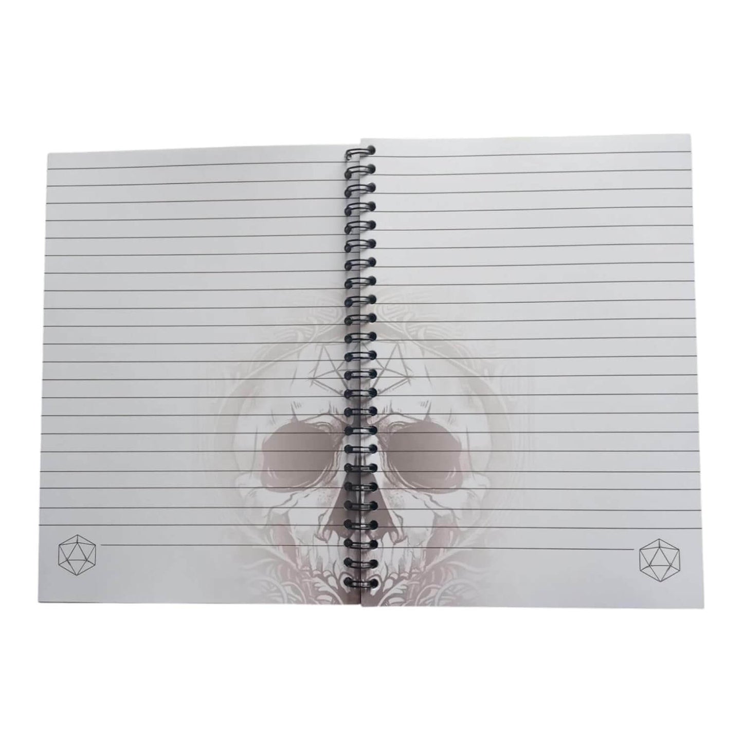Offene Seiten eines RPG Notizbuchs mit Würfelsymbol und Totenkopf-Design, ideal für Rollenspieler.