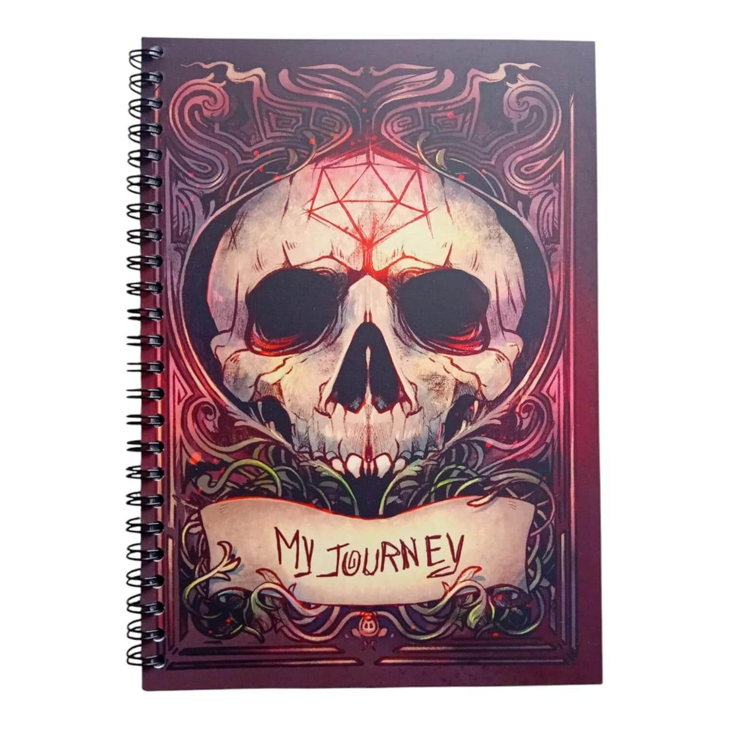 A5 RPG notebook with skull design, titled 'My Journey', ideal for roleplaying game notes and campaigns.