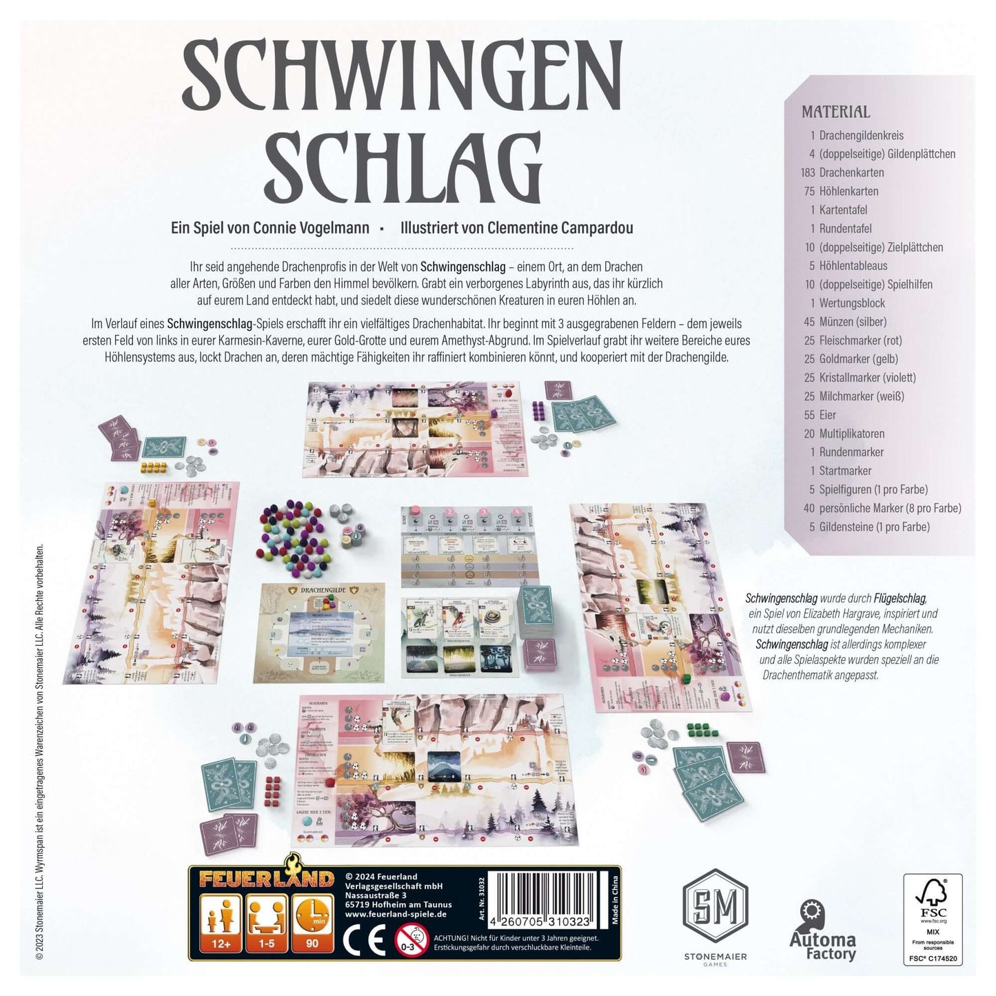 Rückseite des Schwingenschlag Brettspiels mit Spielmaterialien und Spielanleitung, für Drachenliebhaber und Familien.