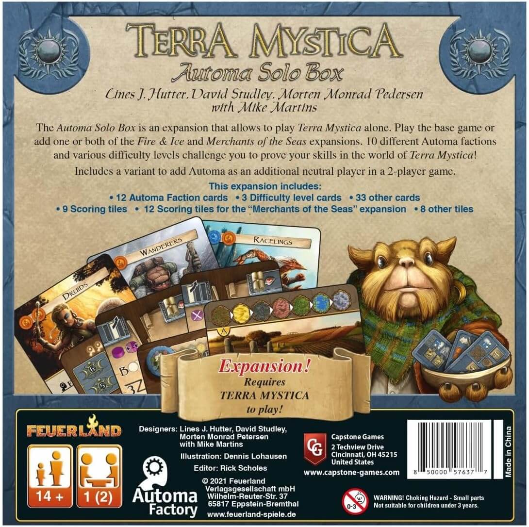 Terra Mystica: Automa Solo Box expansion back cover showcasing cards, gameplay features, and components for solo and 2-player mode.