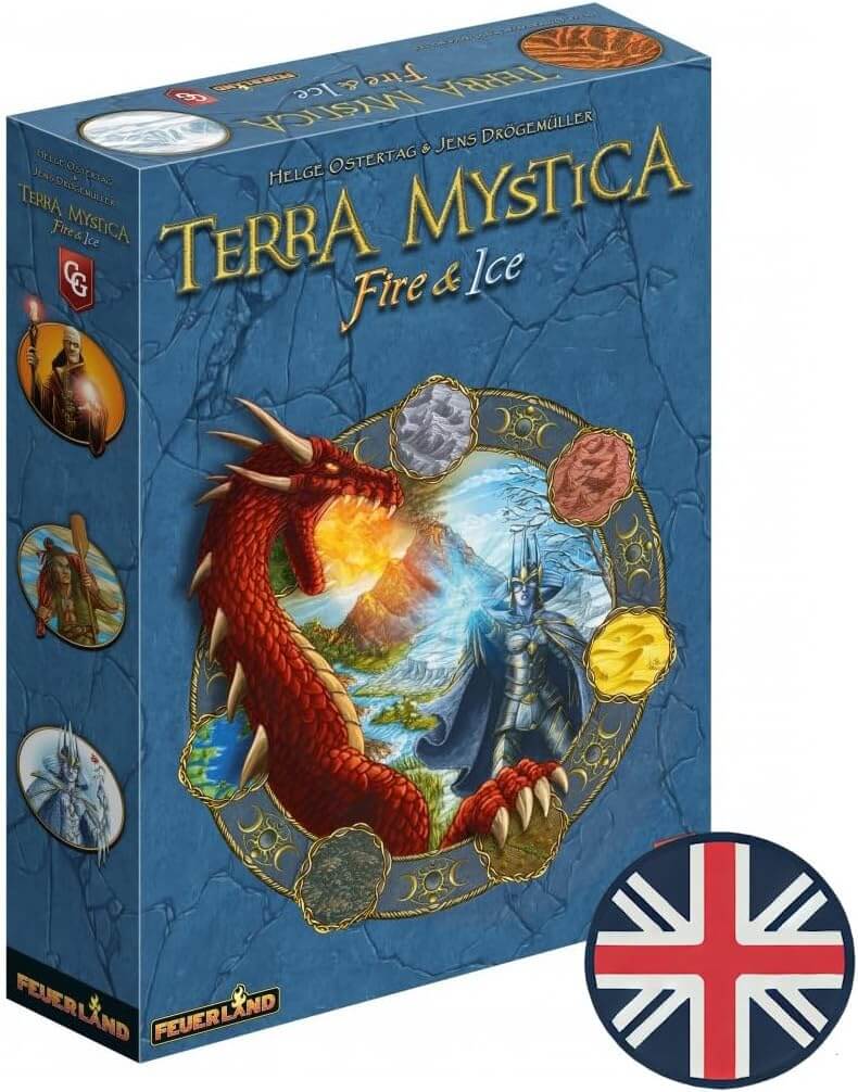 TERRA MYSTICA: FIRE & ICE board game box featuring a dragon, mystical symbols, and a UK flag.