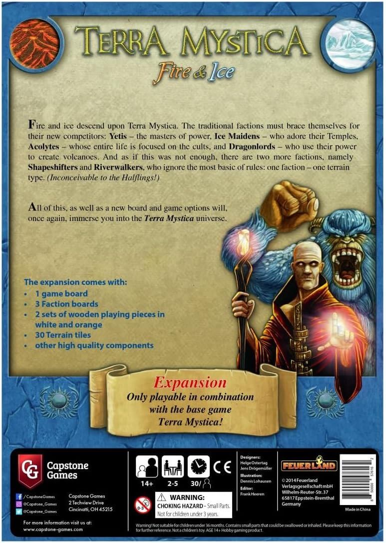 TERRA MYSTICA: FIRE & ICE game expansion box featuring ice and fire elements, new factions, and gameplay details.