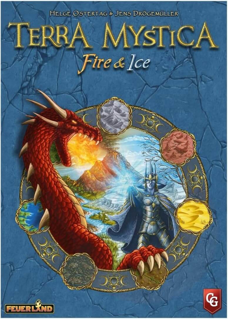 Terra Mystica: Fire & Ice board game cover featuring a dragon and a mystical figure.