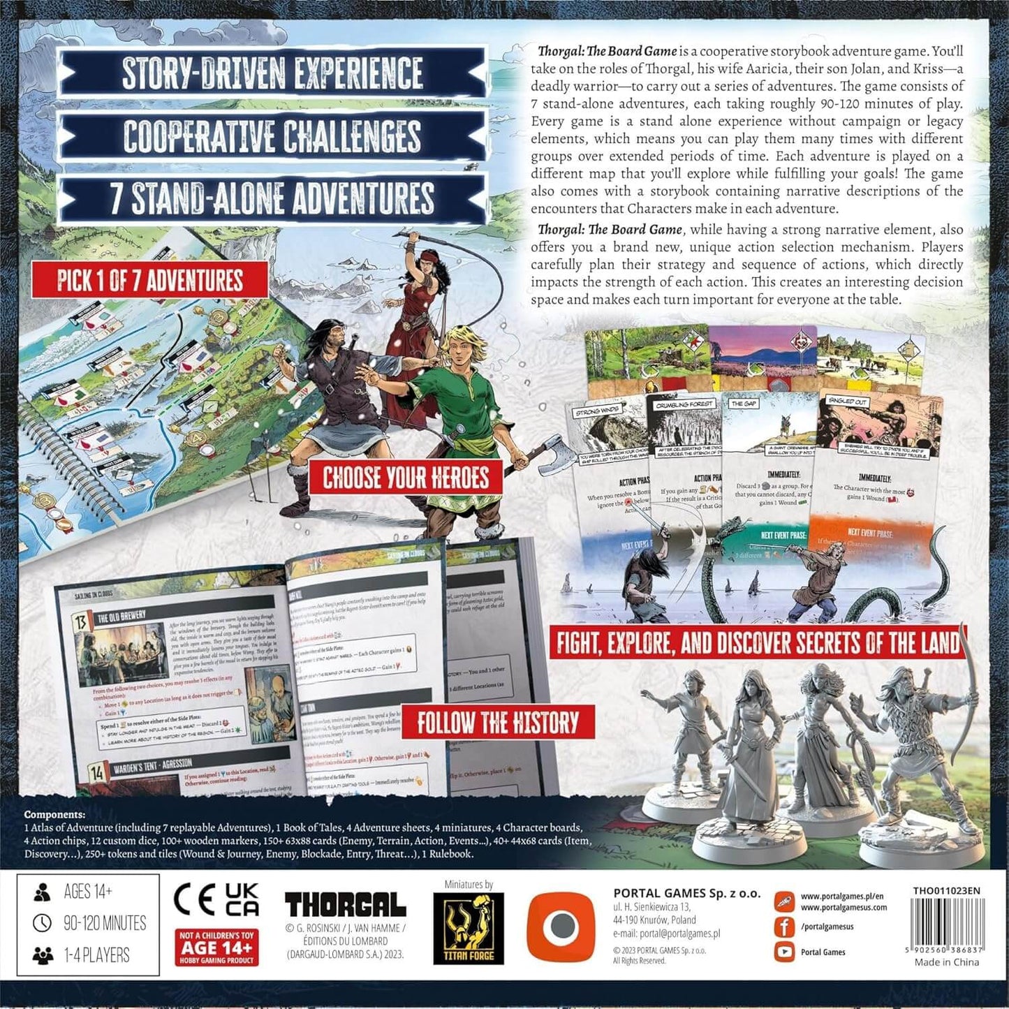 Thorgal board game back cover showcasing story-driven experience, cooperative challenges, and character selection.