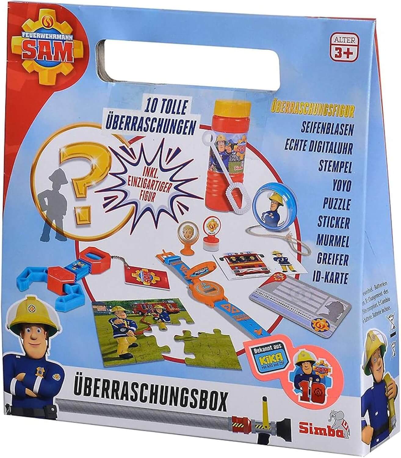 Colorful surprise box for kids with 10 toys including digital watch, soap bubbles, puzzle, and more for ages 3+