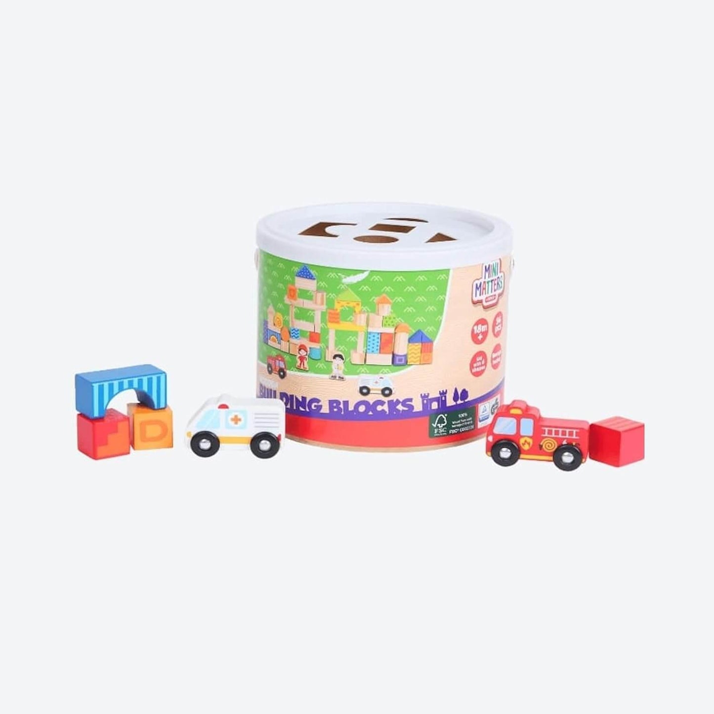 Colorful wooden building blocks set for kids, including various shapes and toy vehicles in a storage container.