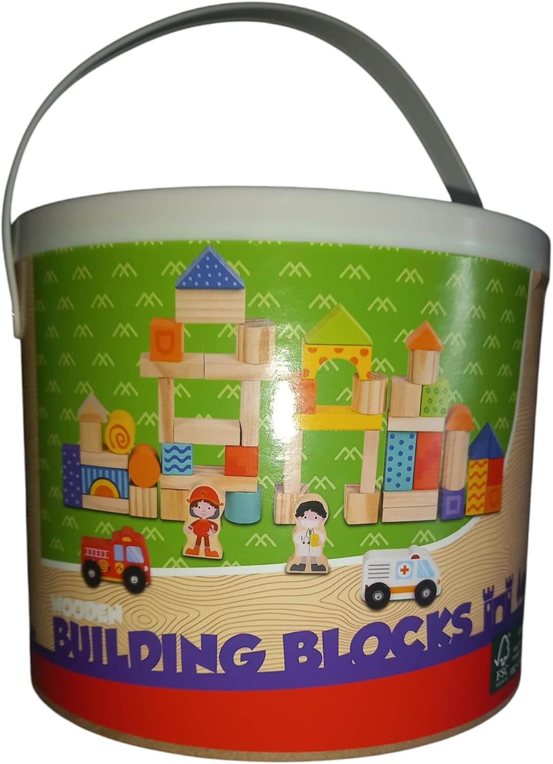 Colorful wooden building blocks set in a bucket for kids, featuring various shapes and vibrant colors for creative play.