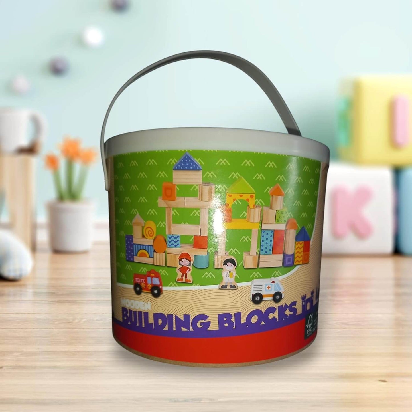 Colorful building blocks set for kids in a bucket, promoting creativity and motor skills for ages 3 and up.
