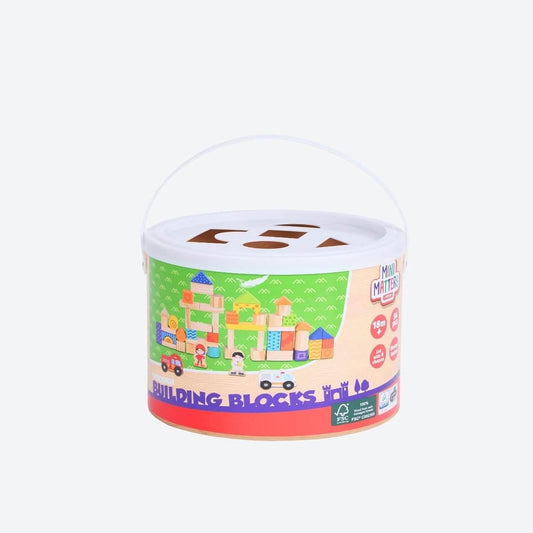 Colorful cylindrical container for a set of wooden building blocks for kids, promoting creativity and fun.