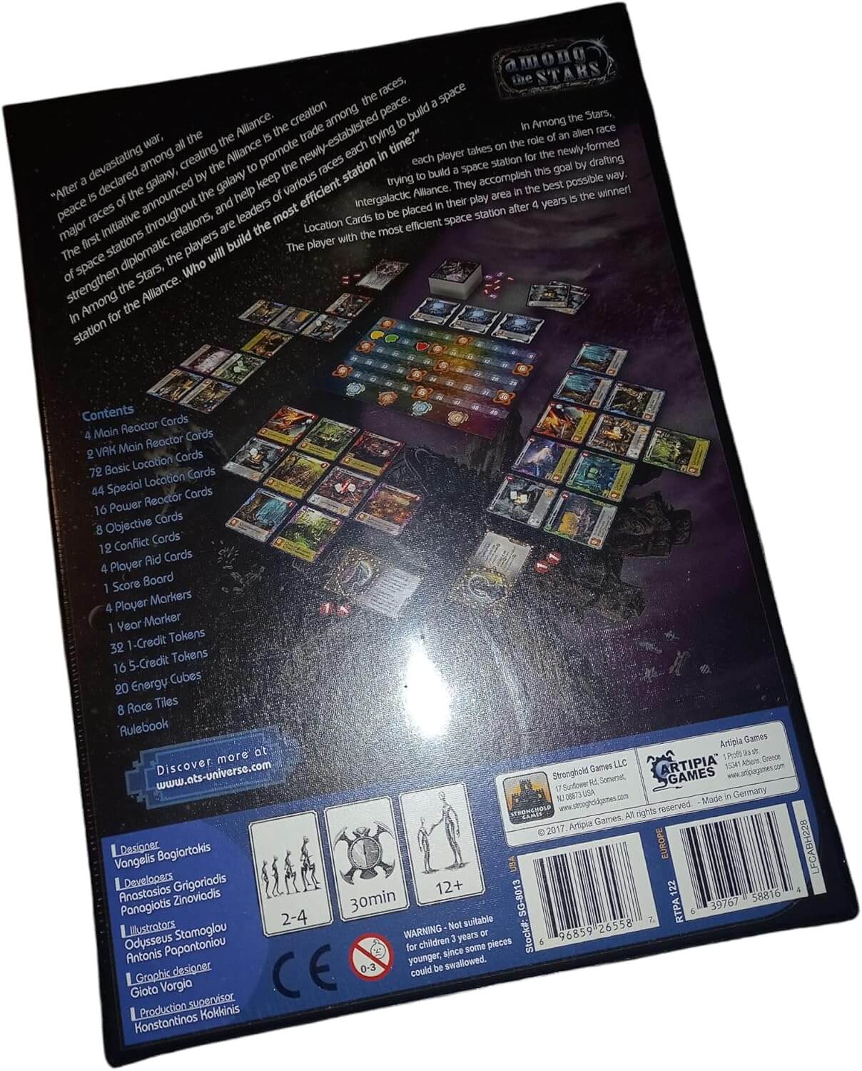 Back cover of Among the Stars board game, featuring game components and layout for strategic play.