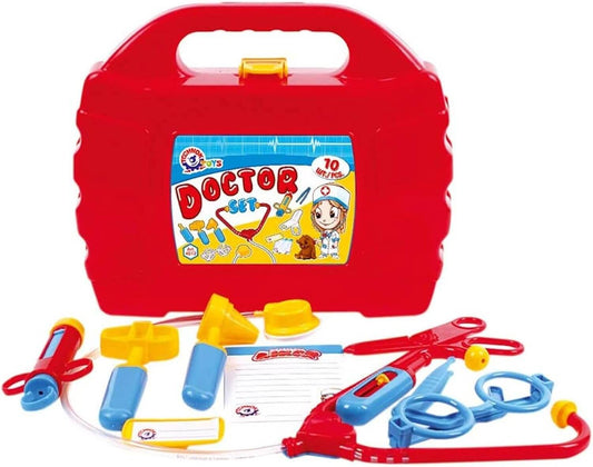 Colorful doctor playset for kids with various medical tools and a carry case for imaginative role play.
