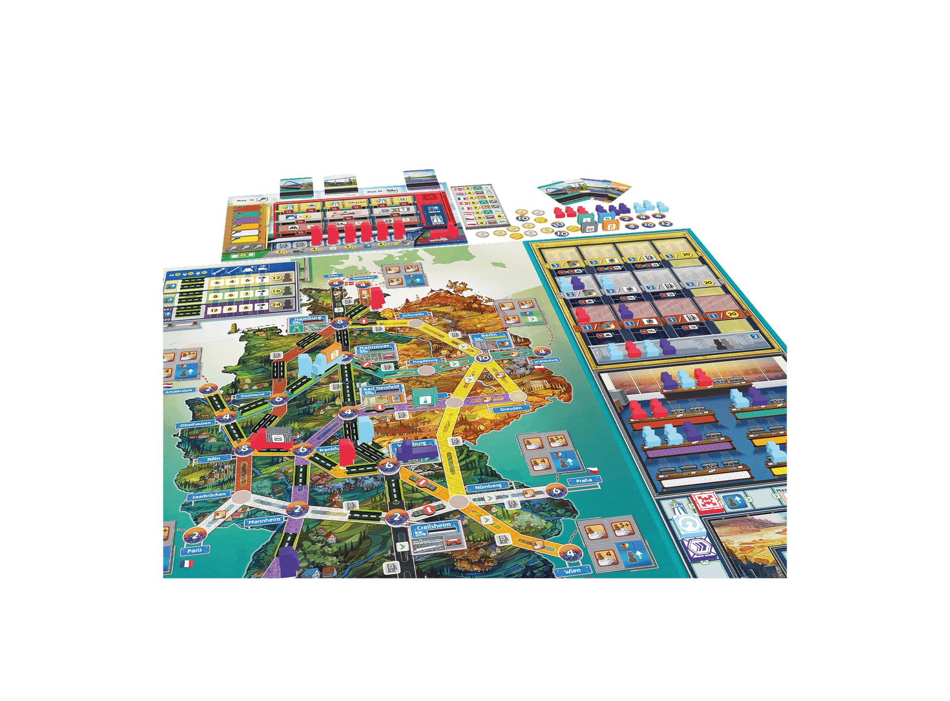 Brettspiel AUTOBAHN mit strategischer Kartenübersicht und Spielsteinen für 1–4 Spieler