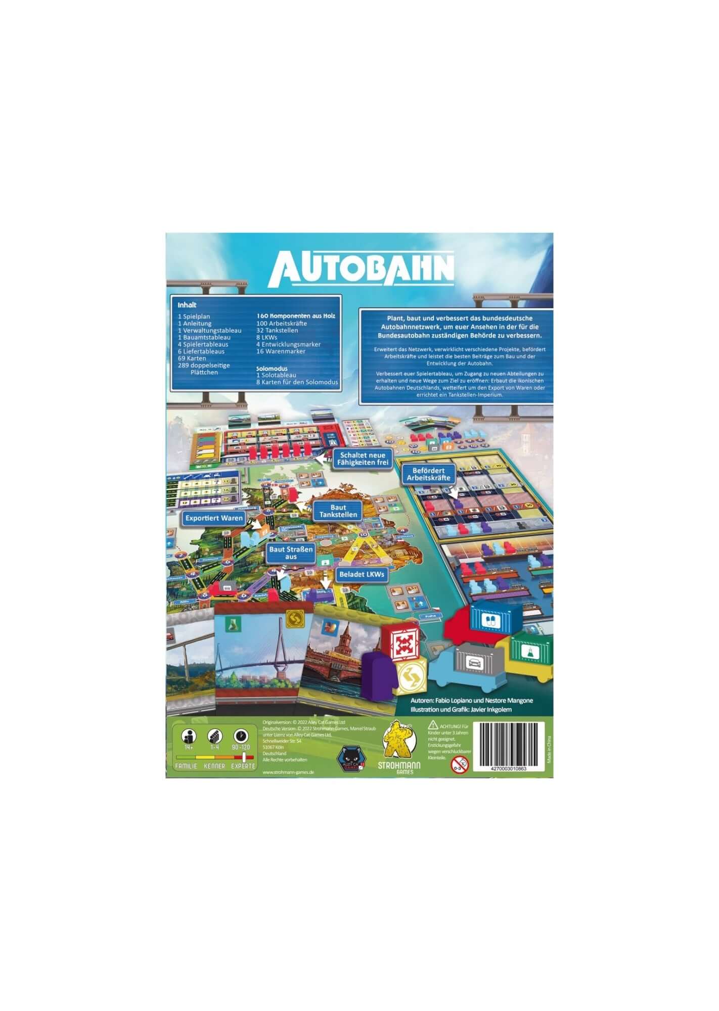 Rückseite des Brettspiels AUTOBAHN mit Spielmaterialien und erklärenden Texten.