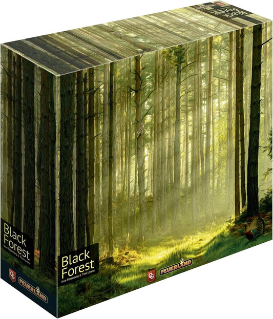 Black Forest board game box featuring a mystical forest scene with tall trees and soft light.