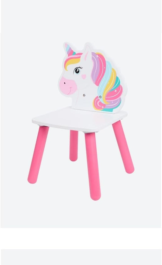 Colorful unicorn-themed wooden kids' chair with pink legs, perfect for children's rooms and activities.