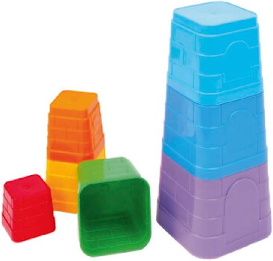 Colorful stackable pyramid molds for beach and sand play, promoting creativity and fine motor skills in children.