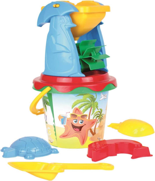 Colorful sand play set with bucket, shovel, turtle and starfish shapes, perfect for beach and sandbox fun for kids.