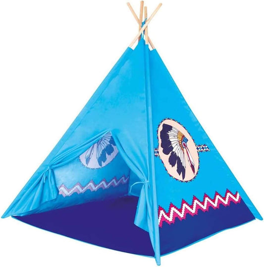 Blue children's tipi play tent with feather design, ideal for imaginative indoor and outdoor adventures.