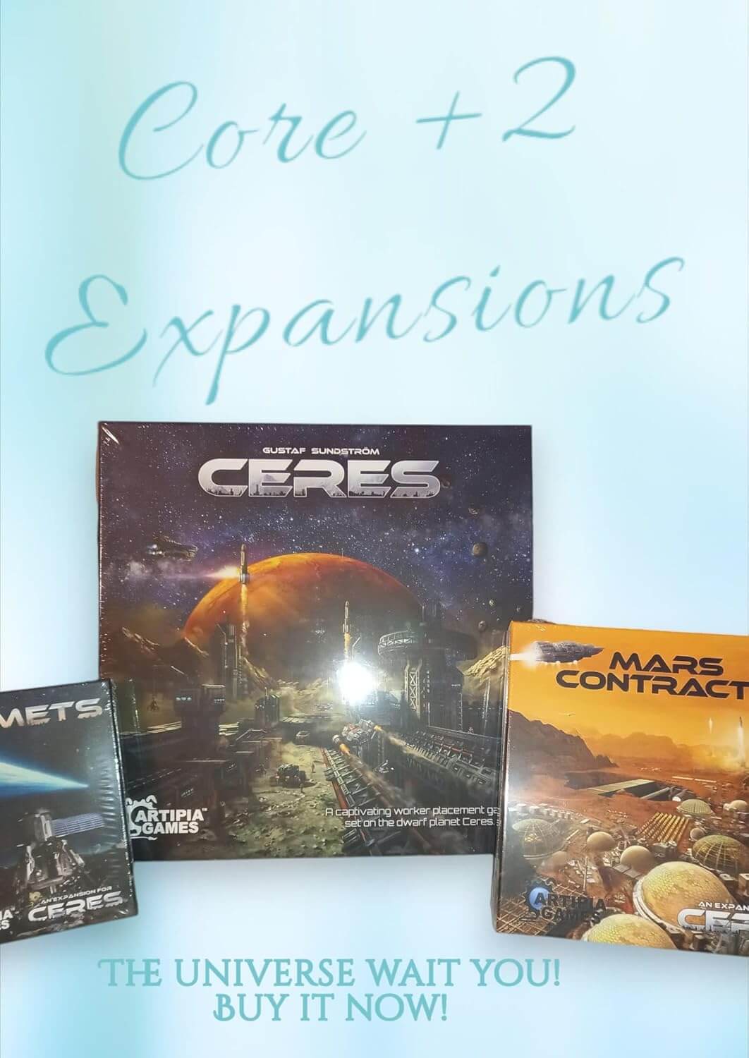Ceres board game core set with expansions Comets and Mars Contracts on display, promoting space adventure gameplay.