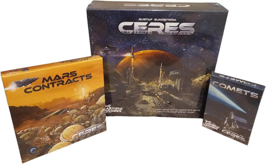 Ceres board game box with Mars Contracts and Comets expansions, featuring epic Mars adventure theme.
