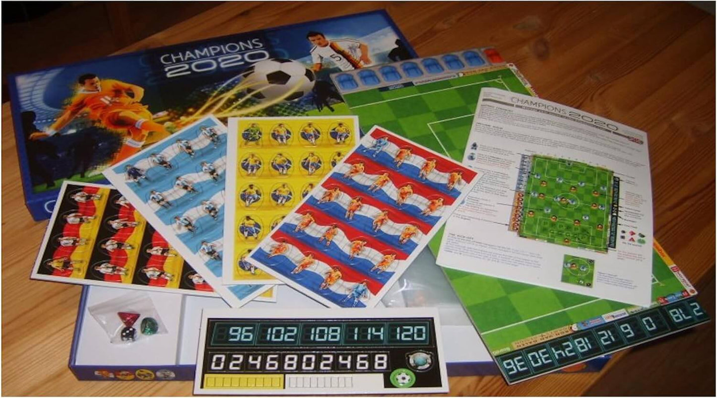 Champions 2020 board game components including game board, player cards, strategy sheets, and score tracker.