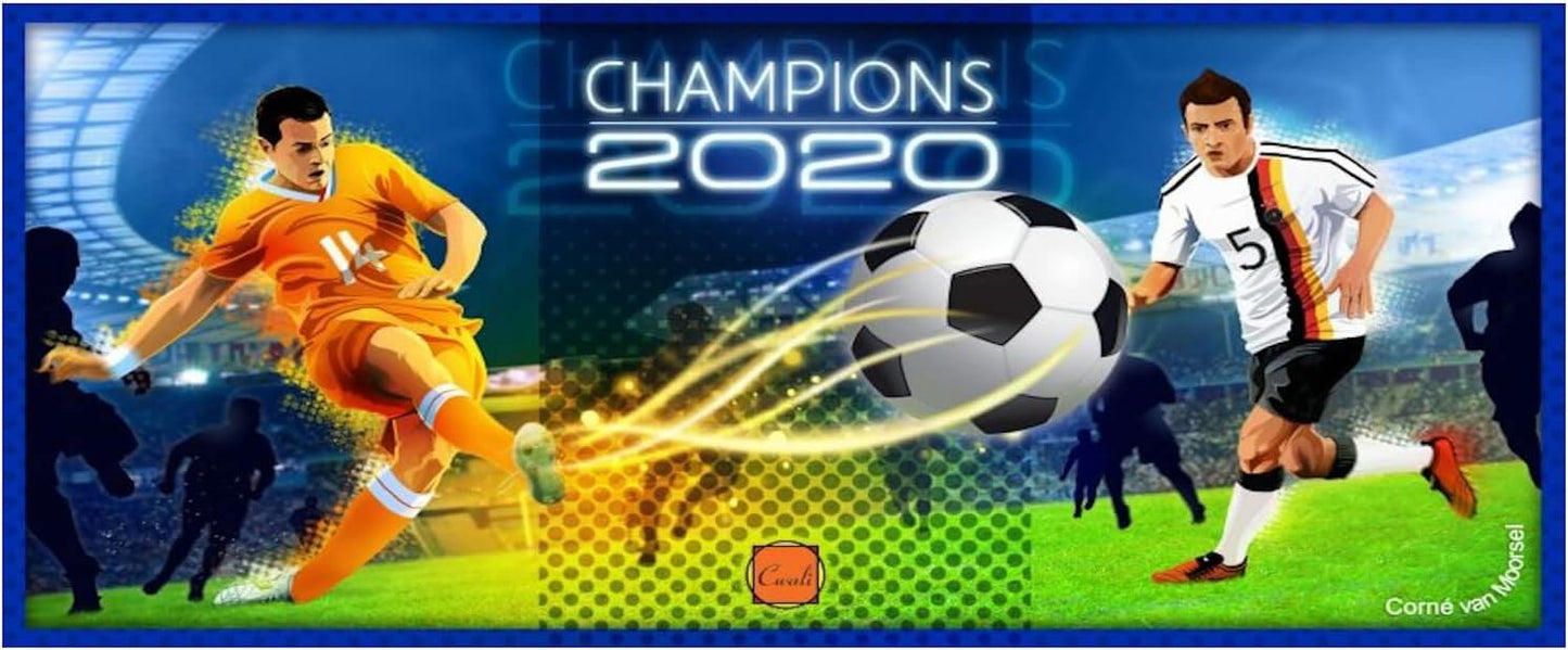 Champions 2020 strategic football game featuring animated players and a soccer ball on the field.