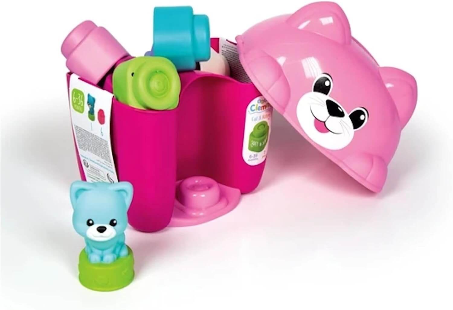 Clemmy kitten-shaped bucket with colorful soft blocks and playful kitten figure for sensory exploration.